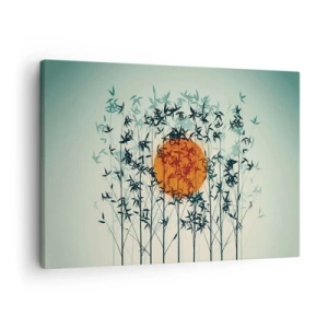 Canvastavla - Bild på duk - Orange sol bland bambugrenarna - 70x50cm - Japansk sol - Modern väggdekoration för vardagsrum och sovrum ARTTOR