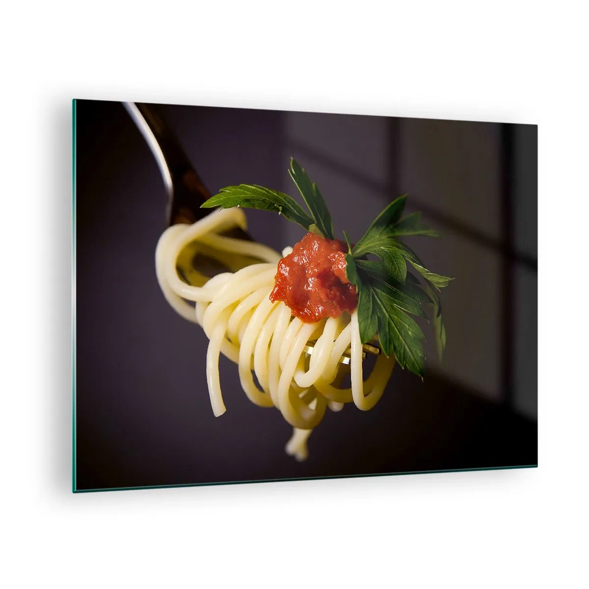 Glastavla - Bild på glas - Spaghetti pasta på en gaffel med tomatsås - 70x50cm - Gobit - Modern väggdekoration för vardagsrum och sovrum ARTTOR
