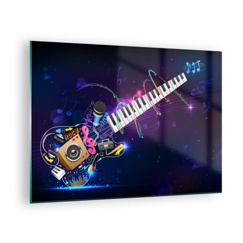 Glastavla - Bild på glas - Färgglad musikalisk komposition med instrument och noter - 70x50cm - Allt väl - Modern väggdekoration för vardagsrum och sovrum ARTTOR