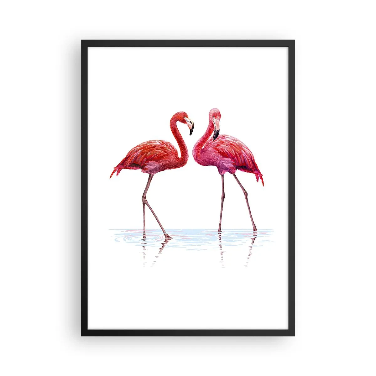 Affisch i svart ram - Två flamingos på en vit bakgrund med reflektion i vattnet - 50x70cm - Rosa rendez-vous - Modern väggdekoration för vardagsrum och sovrum ARTTOR