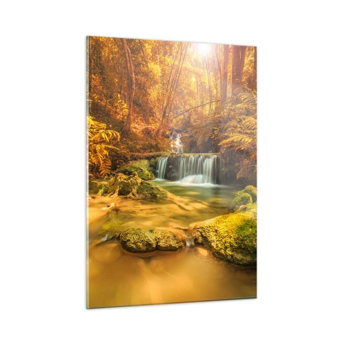 Glastavla - Bild på glas - Skogkaskad i gult - 50x70 cm