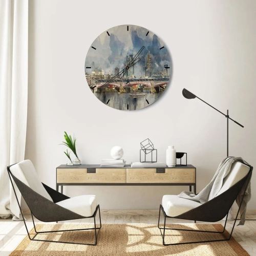 Väggklocka - Klocka på glas - Londonbron och silhuett i akvarellstil - 30x30cm - London i hela sin prakt - Modern väggdekoration för vardagsrum, kök och sovrum ARTTOR