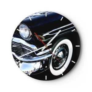 Väggklocka - Klocka på glas - En glänsande svart retrobil med klassisk stil - 30x30cm - Klassik i silver, svart och vit - Modern väggdekoration för vardagsrum, kök och sovrum ARTTOR