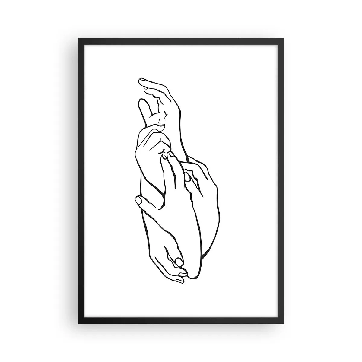 Affisch i svart ram - En minimalistisk skiss av knäppta händer mot en vit bakgrund. - 50x70cm - Hand i hand - Modern väggdekoration för vardagsrum och sovrum ARTTOR