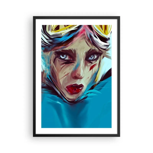 Affisch i svart ram - Porträtt av en kvinna med intensiv blick och blå bakgrund - 50x70cm - Vägkämpe - Modern väggdekoration för vardagsrum och sovrum ARTTOR