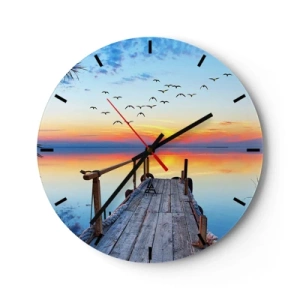 Väggklocka - Klocka på glas - En pir vid sjön i solnedgångens strålar - 30x30cm - Dags att vända hem... - Modern väggdekoration för vardagsrum, kök och sovrum ARTTOR