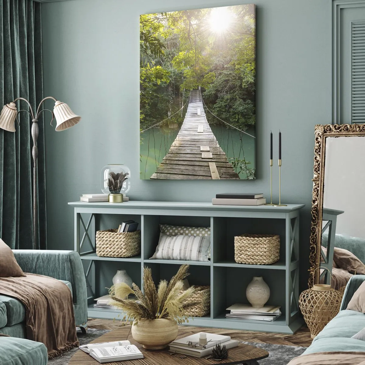 Canvastavla - Bild på duk - Vid azurblått vatten till azurblå skog - 55x100 cm