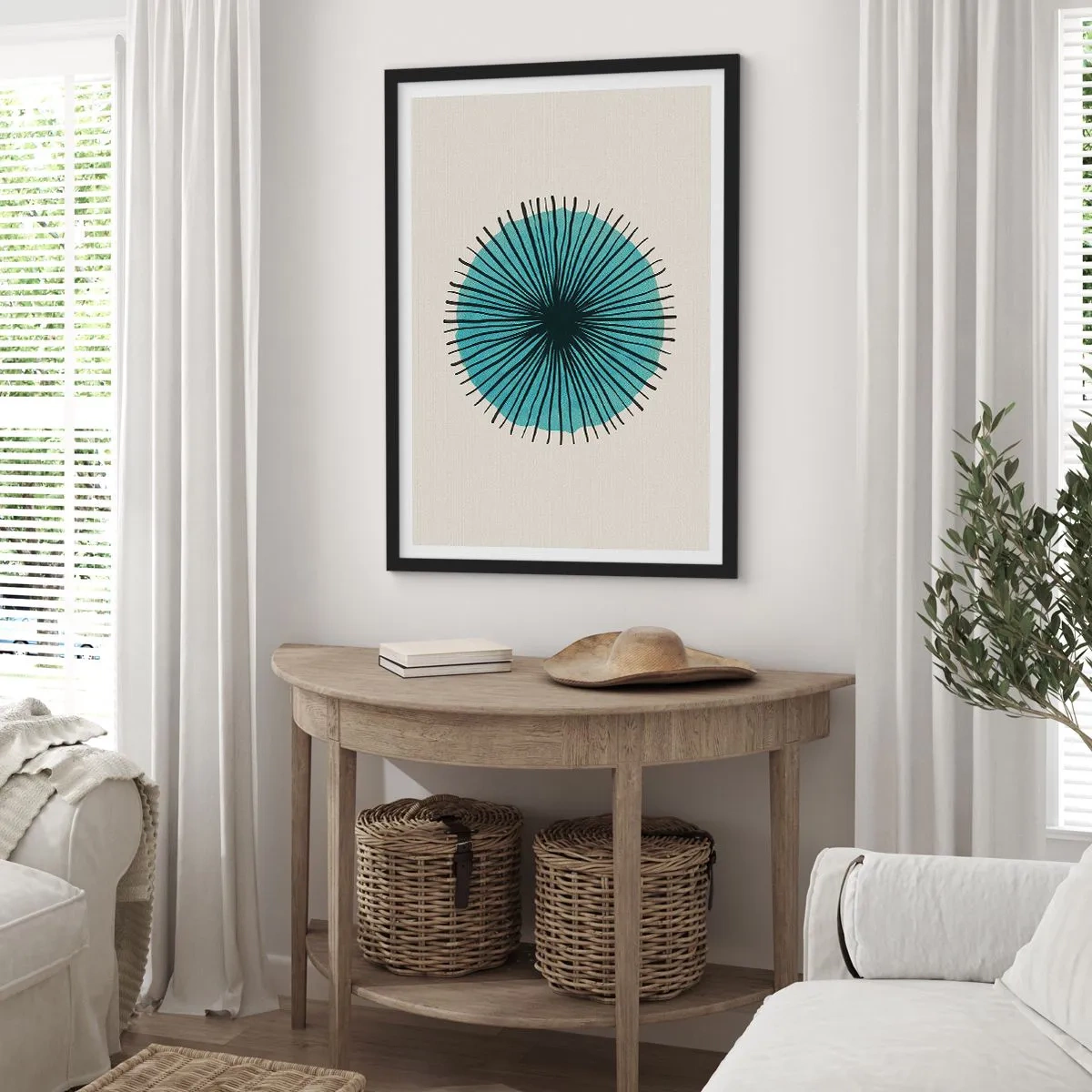 Affisch i svart ram - Geometriskt mönster i form av en radiell cirkel - 50x70cm - Radier mot blått - Modern väggdekoration för vardagsrum och sovrum ARTTOR