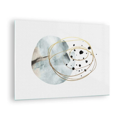Glastavla - Bild på glas - Abstrakt komposition med en blå fläck och gyllene linjer - 70x50cm - I rummets famn - Modern väggdekoration för vardagsrum och sovrum ARTTOR