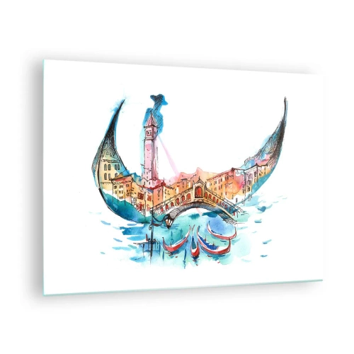 Glastavla - Bild på glas - Akvarellpanorama av Venedig i form av en mask - 70x50cm - Vi flyter genom staden - Modern väggdekoration för vardagsrum och sovrum ARTTOR