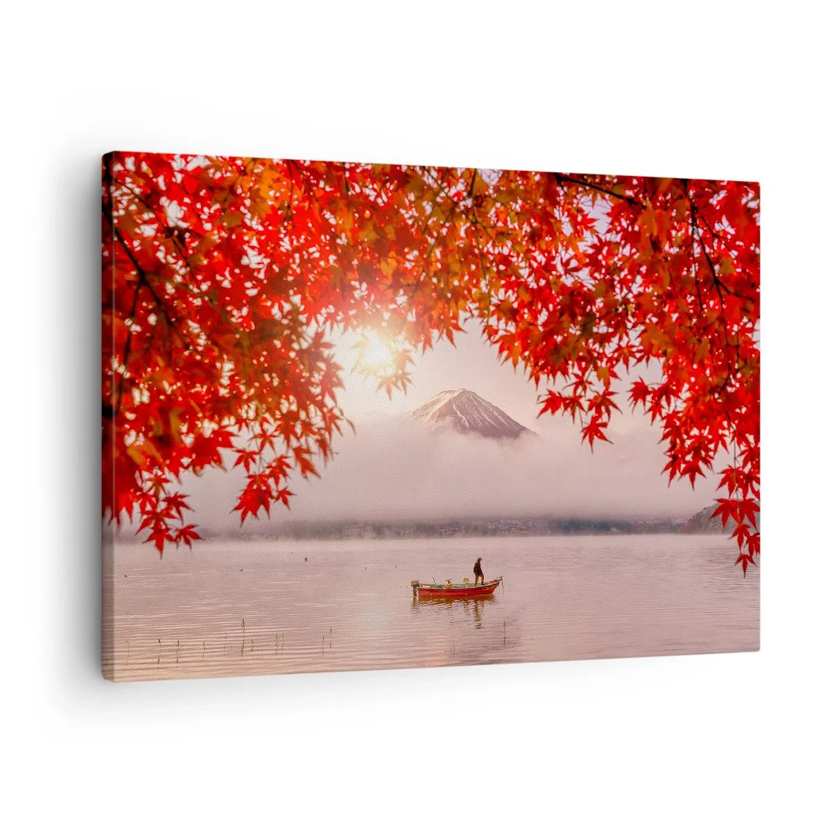 Canvastavla - Bild på duk - En båt på en sjö omgiven av röda lönnlöv - 70x50cm - I japansk stämning - Modern väggdekoration för vardagsrum och sovrum ARTTOR