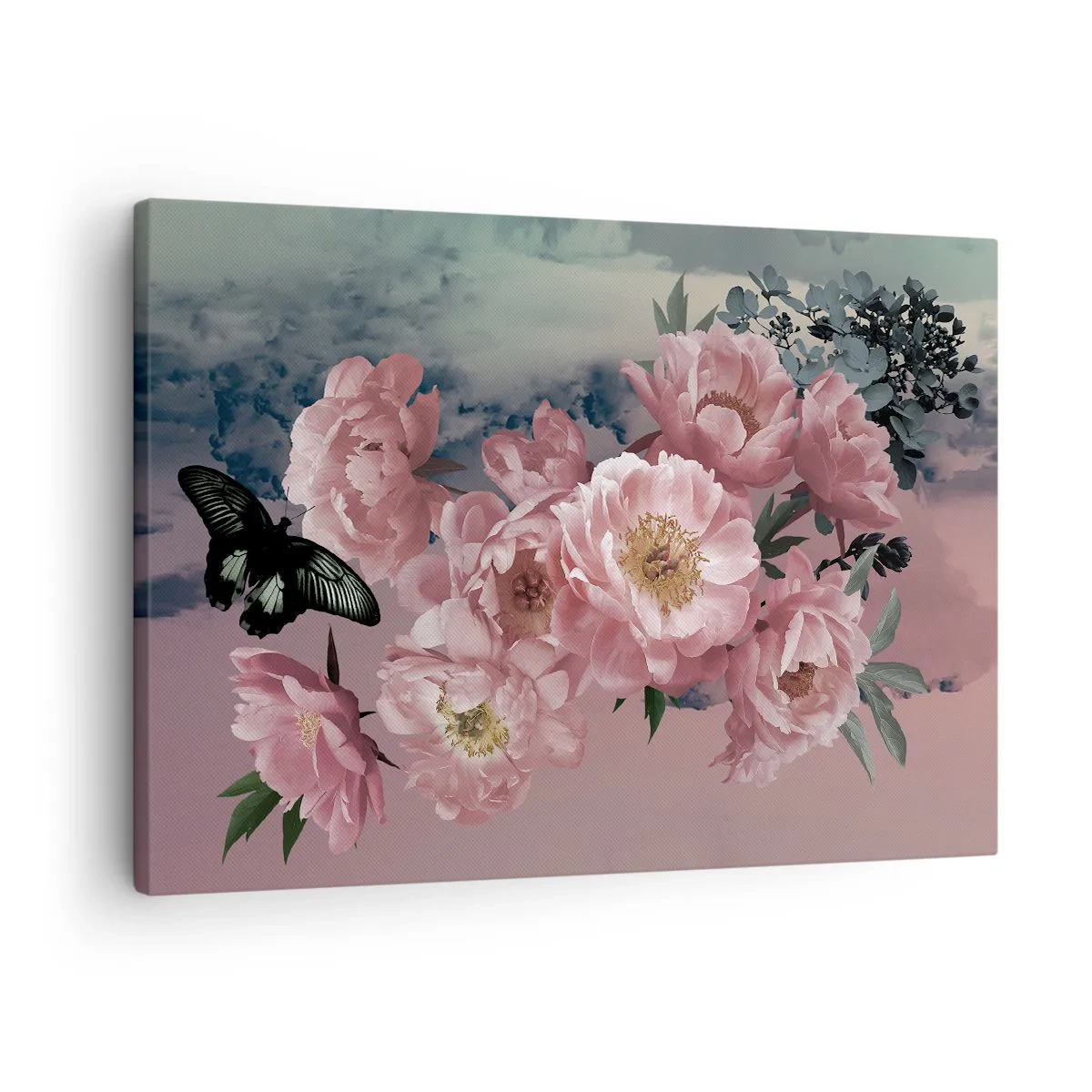 Canvastavla - Bild på duk - Rosa pioner med en fjäril på en pastellbakgrund - 70x50cm - Romantikens höjdpunkt - Modern väggdekoration för vardagsrum och sovrum ARTTOR