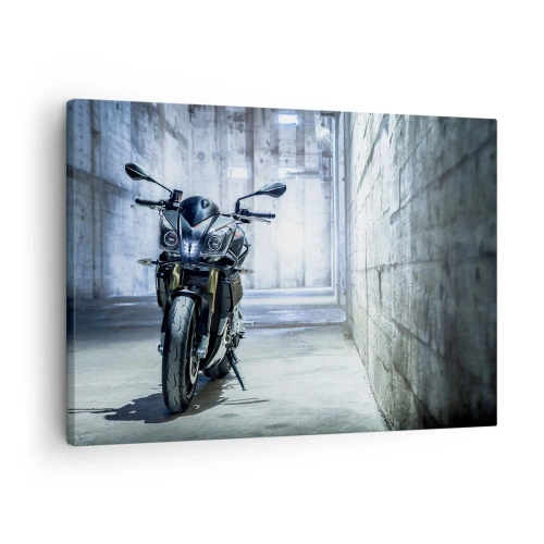 Canvastavla - Bild på duk - En modern motorcykel i en industriell interiör - 70x50cm - Innan motorn vrålar - Modern väggdekoration för vardagsrum och sovrum ARTTOR