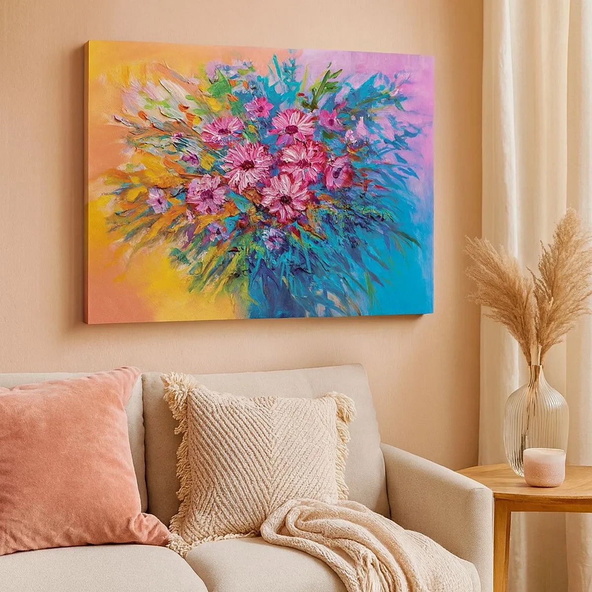 Canvastavla - Bild på duk - Färgglada blommor i en bukett mot en pastellfärgad bakgrund - 70x50cm - Livets energi - Modern väggdekoration för vardagsrum och sovrum ARTTOR