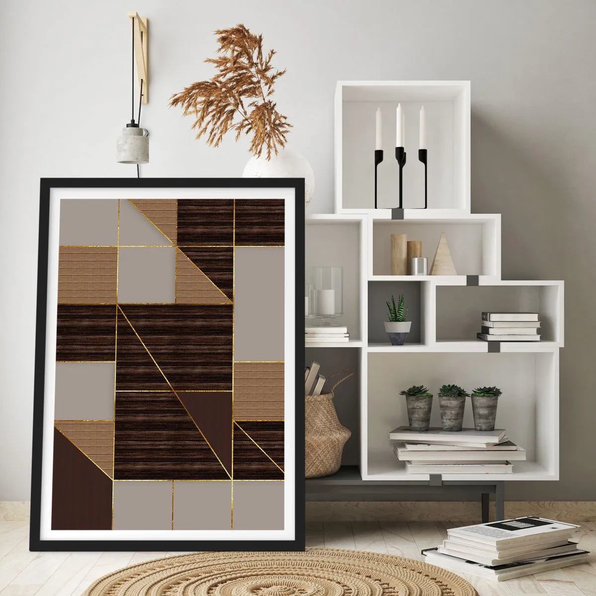 Affisch i svart ram - Geometrisk komposition i bruna och guldfärgade nyanser - 50x70cm - Mosaik av brun och guld - Modern väggdekoration för vardagsrum och sovrum ARTTOR