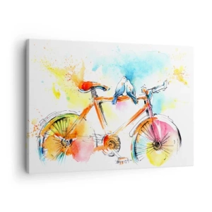 Canvastavla - Bild på duk - Färgglad akvarellmålning av en cykel med fåglar som sitter på den - 70x50cm - Två på cykel - Modern väggdekoration för vardagsrum och sovrum ARTTOR