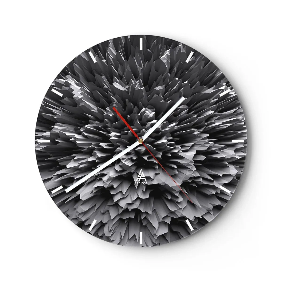 Väggklocka - Klocka på glas - Abstrakt svartvit 3D-komposition i form av en explosion - 30x30cm - Det kan inte bli vassare än så här - Modern väggdekoration för vardagsrum, kök och sovrum ARTTOR