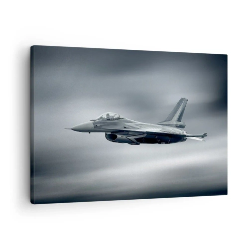 Canvastavla - Bild på duk - Ett jaktflygplan i flygning mot en molnig himmel - 70x50cm - Utmanar du? - Modern väggdekoration för vardagsrum och sovrum ARTTOR