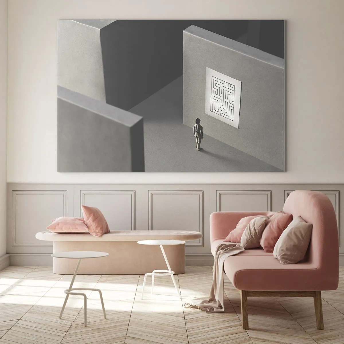 Glastavla - Bild på glas - Barn i en labyrint med en gåtasymbol - 70x50cm - Men var är jag? - Modern väggdekoration för vardagsrum och sovrum ARTTOR
