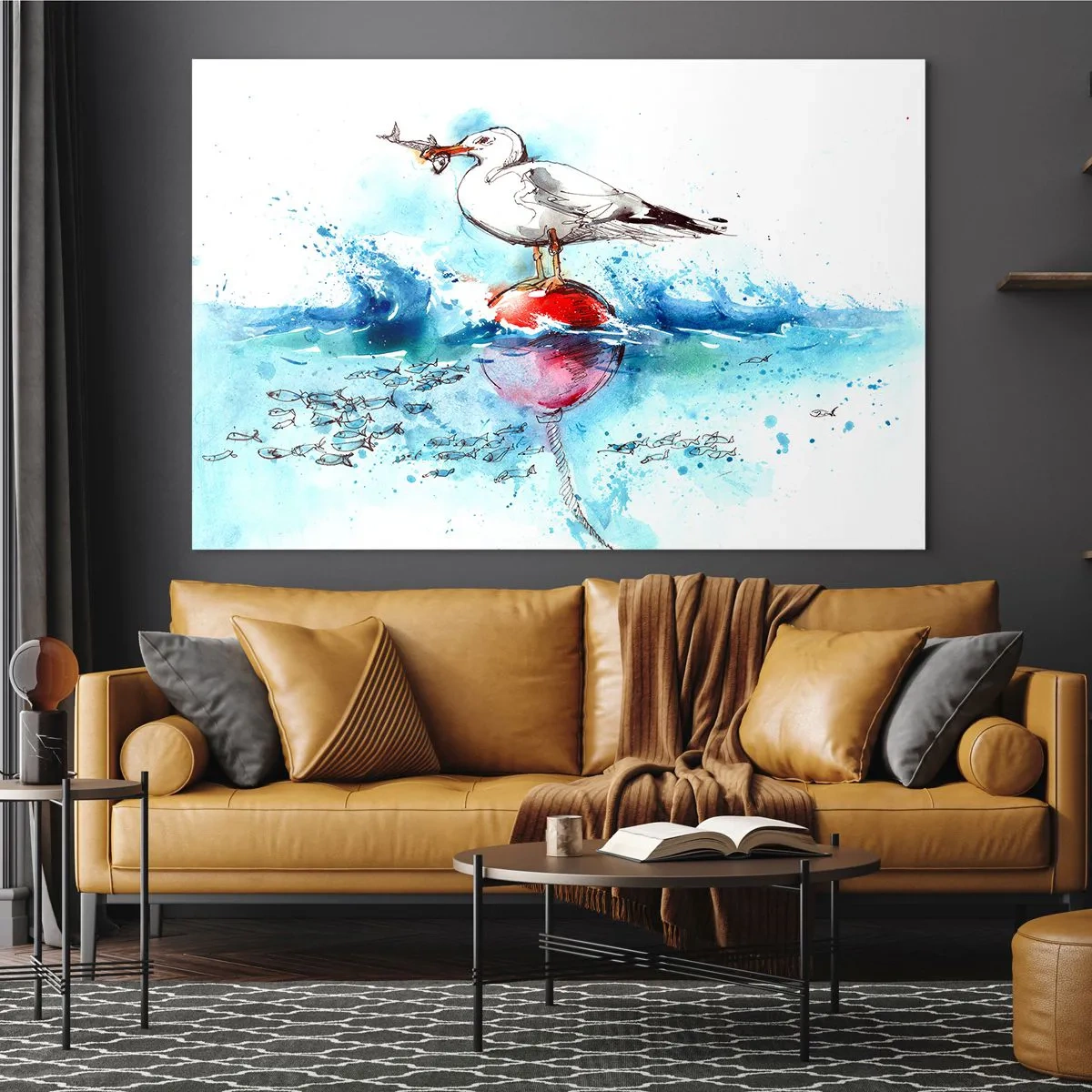 Glastavla - Bild på glas - En mås på en boj med en fisk i bakgrunden av havsvågor - 70x50cm - Framgångsrik fångst - Modern väggdekoration för vardagsrum och sovrum ARTTOR