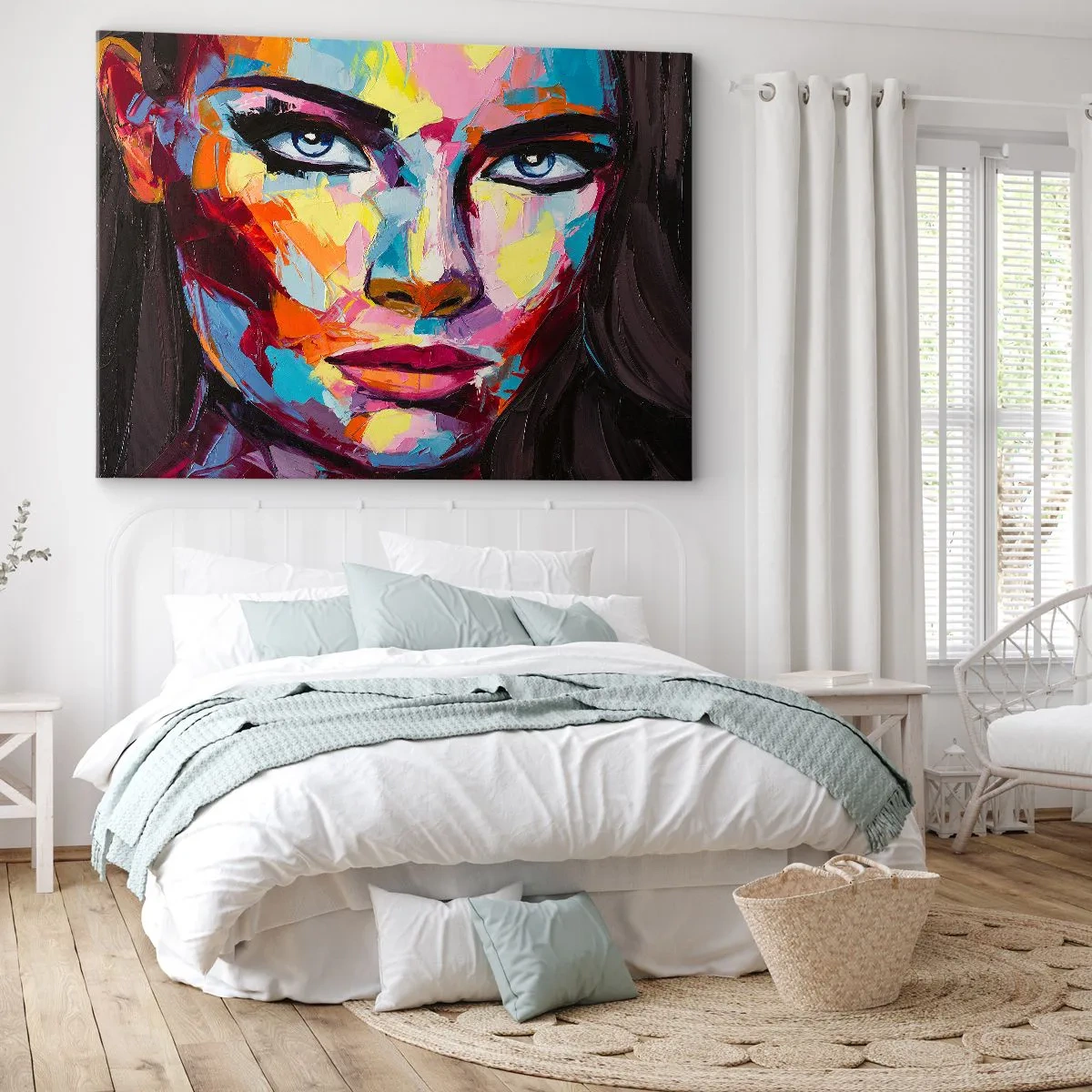 Canvastavla - Bild på duk - Ett färgstarkt abstrakt porträtt av en kvinna i intensiva färger. - 70x50cm - Själen är också färgglad - Modern väggdekoration för vardagsrum och sovrum ARTTOR