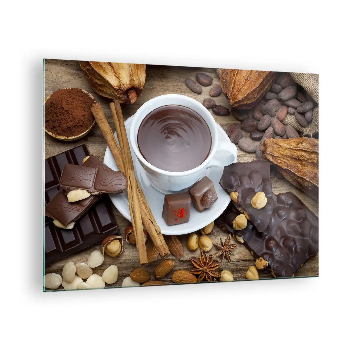 Glastavla - Bild på glas - En kopp varm choklad med pålägg på en rustik bakgrund - 70x50cm - Från sagolika chokladfabriken - Modern väggdekoration för vardagsrum och sovrum ARTTOR