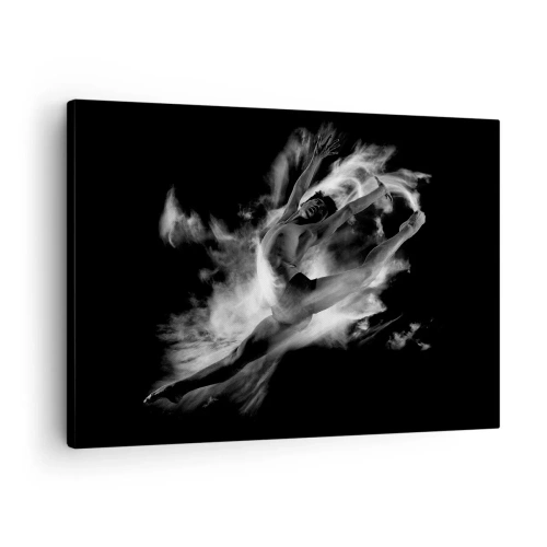 Canvastavla - Bild på duk - En dansare i en dynamisk pose mot en svart bakgrund - 70x50cm - Fångad i luften - Modern väggdekoration för vardagsrum och sovrum ARTTOR
