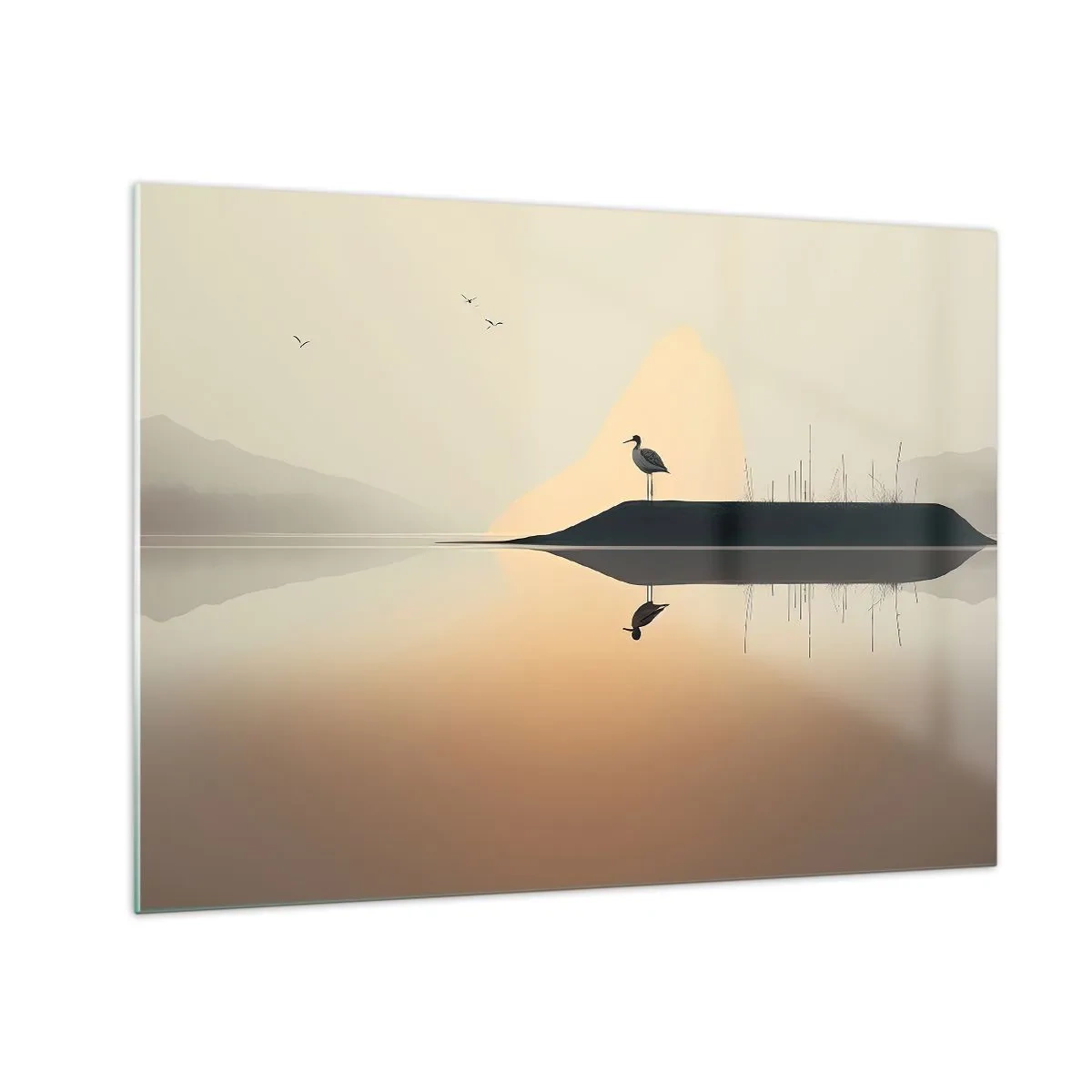 Glastavla - Bild på glas - En häger som står på en ö i det lugna vattnet i en sjö - 70x50cm - Herre på sjön - Modern väggdekoration för vardagsrum och sovrum ARTTOR