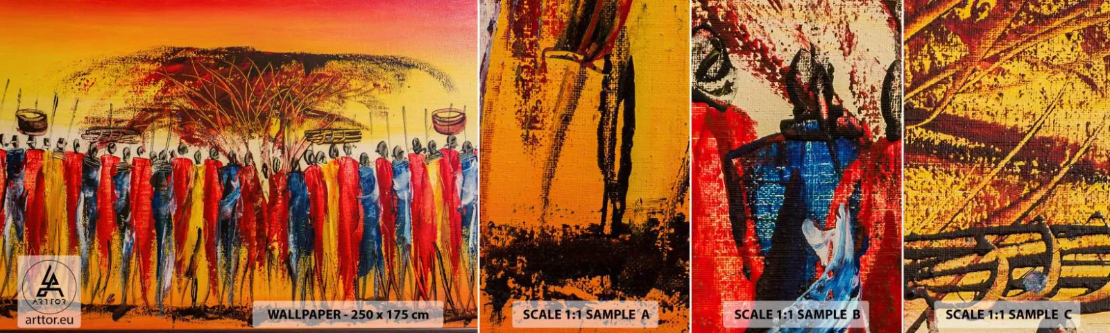 Provbit av självhäftande fototapet Deluxe Sticker - Dit, dit, dit de går - Bit, människor, Afrika - 100x30 cm