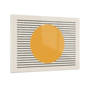 Glastavla - Bild på glas - En orange cirkel mot en bakgrund av horisontella svarta linjer på en beige bakgrund. - 70x50cm - Enkelhetens kraft - Modern väggdekoration för vardagsrum och sovrum ARTTOR