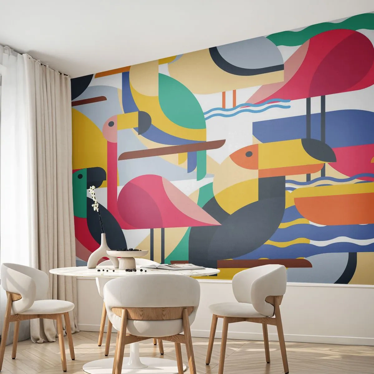 Fototapet Premium Canvas - Fågelparty - Abstraktion, Pelikan, Bit - 250x175 cm