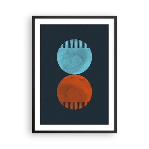 Affisch i svart ram - Två cirklar – blå och orange på en marinblå bakgrund - 50x70cm - Endast geometri? - Modern väggdekoration för vardagsrum och sovrum ARTTOR
