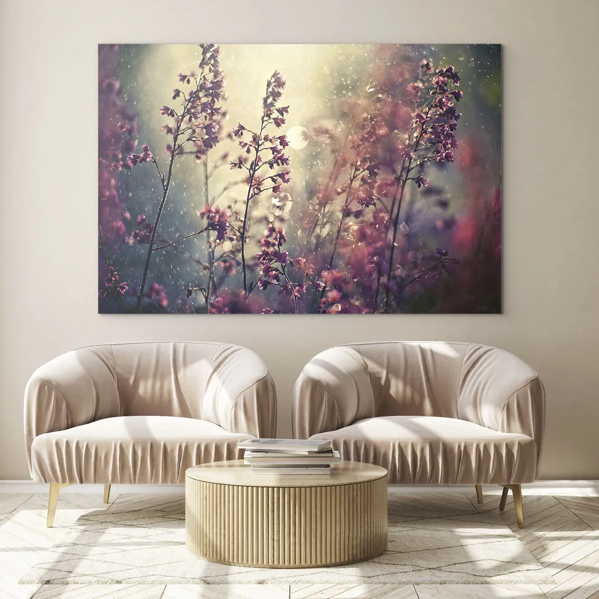 Glastavla - Bild på glas - Blommor i solljuset i det milda regnet - 70x50cm - Hemlighetsfull trädgård - Modern väggdekoration för vardagsrum och sovrum ARTTOR