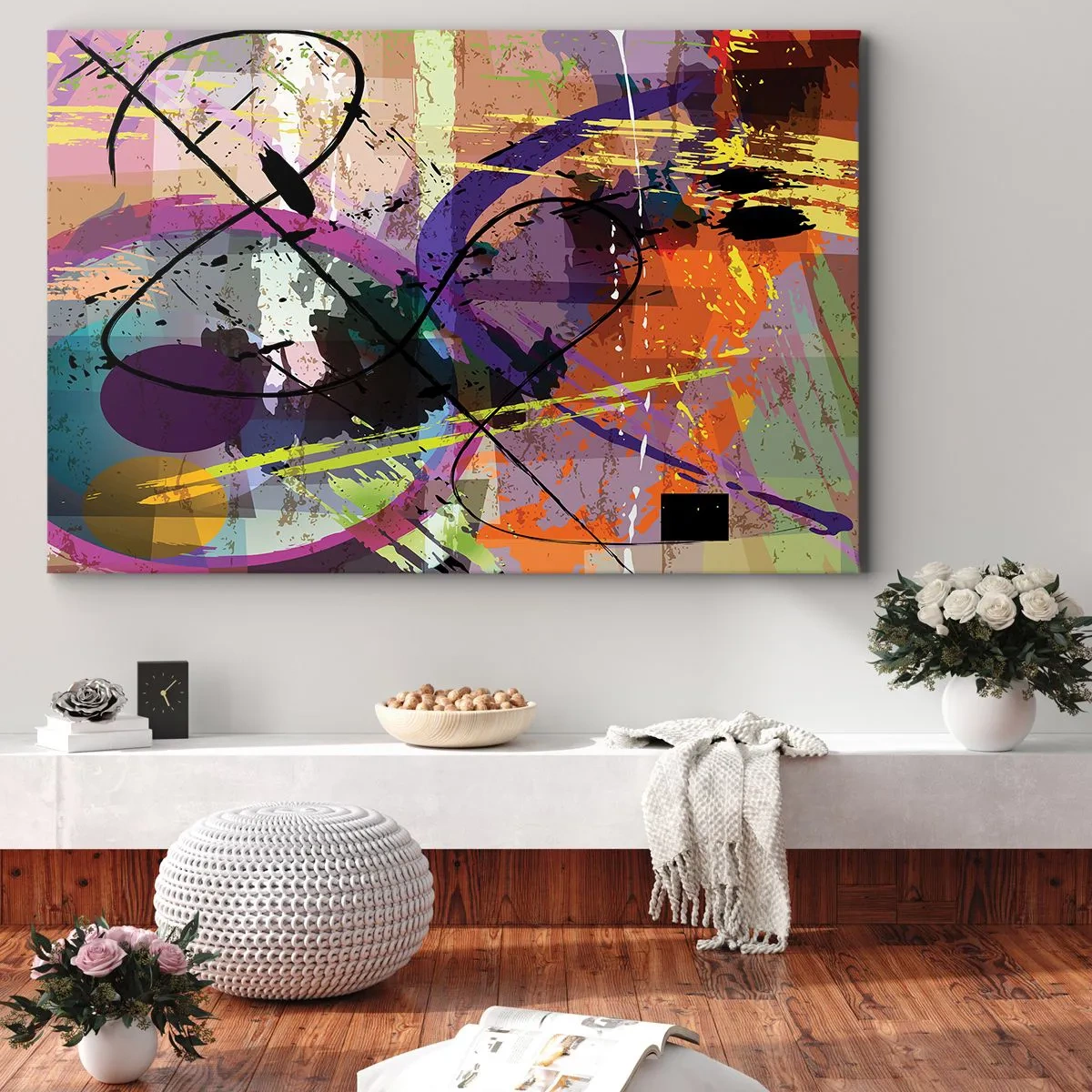 Canvastavla - Bild på duk - Ett färgglatt abstrakt mönster med dynamiska linjer och former. - 70x50cm - Rakt fram eller runt - Modern väggdekoration för vardagsrum och sovrum ARTTOR