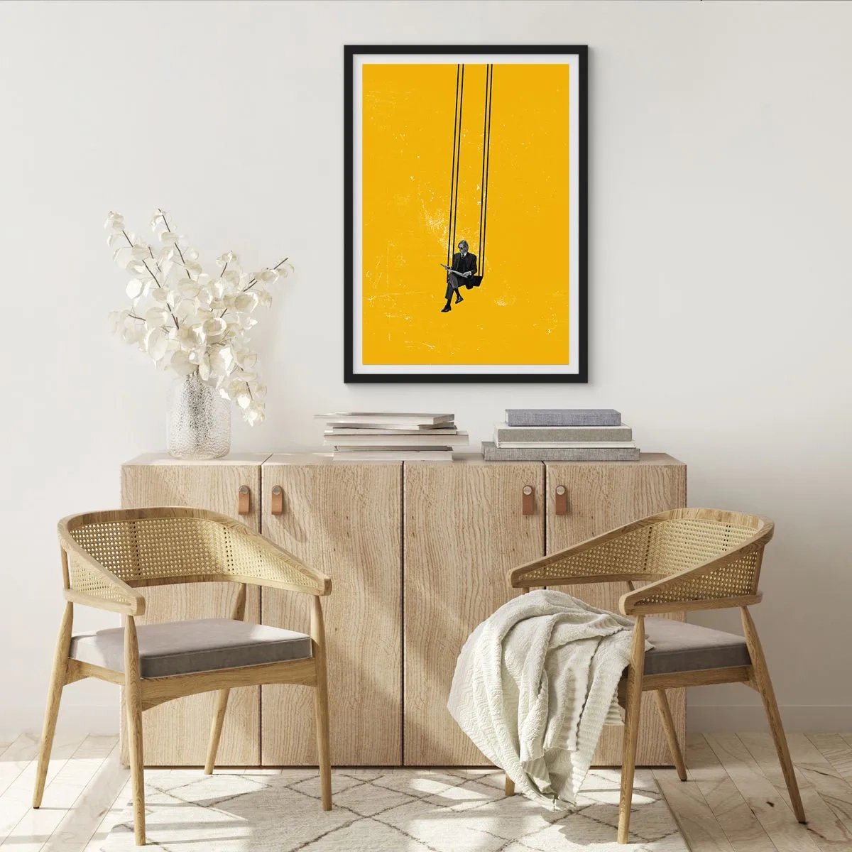 Affisch i svart ram - Minimalistisk grafik med en karaktär på en gunga - 50x70cm - En dag som alla andra - Modern väggdekoration för vardagsrum och sovrum ARTTOR