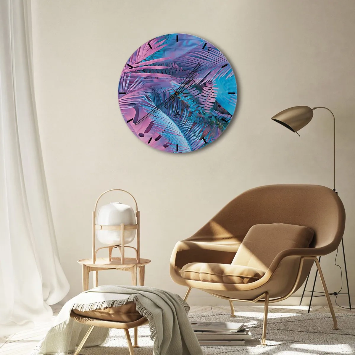 Väggklocka - Klocka på glas - Tropiken i rosa och blått - 40x40 cm