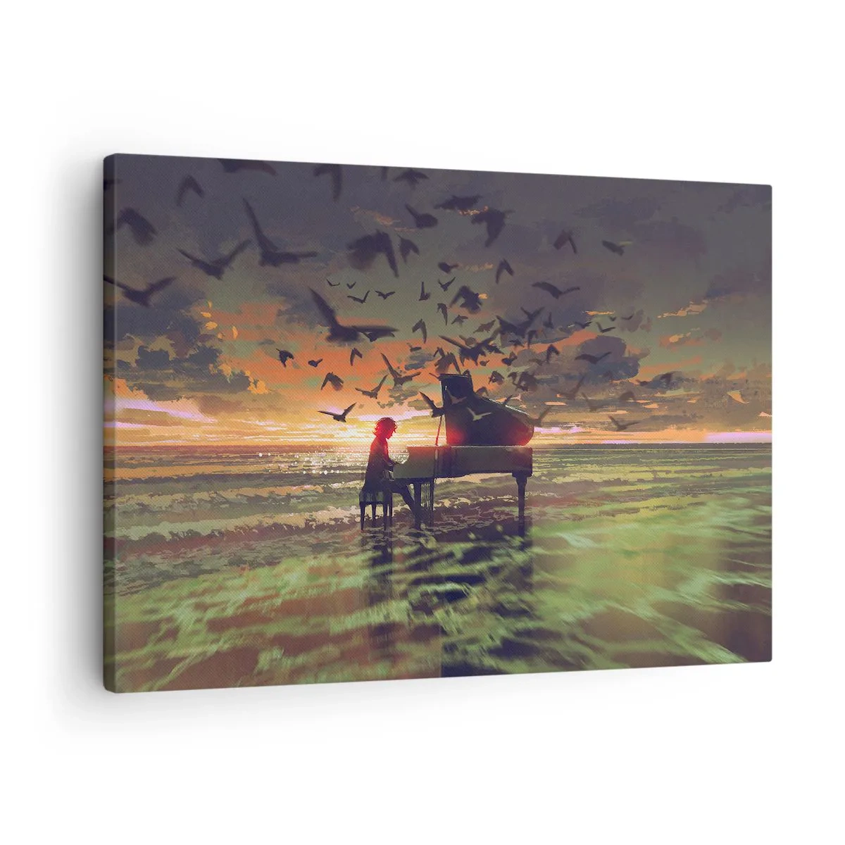 Canvastavla - Bild på duk - Ett piano på stranden vid solnedgången med fåglar - 70x50cm - Konsert för piano och vågor - Modern väggdekoration för vardagsrum och sovrum ARTTOR
