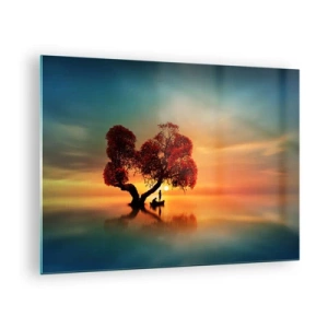 Glastavla - Bild på glas - Ett träd med röda löv mot bakgrund av solnedgången - 70x50cm - Avlägsen tystnad - Modern väggdekoration för vardagsrum och sovrum ARTTOR