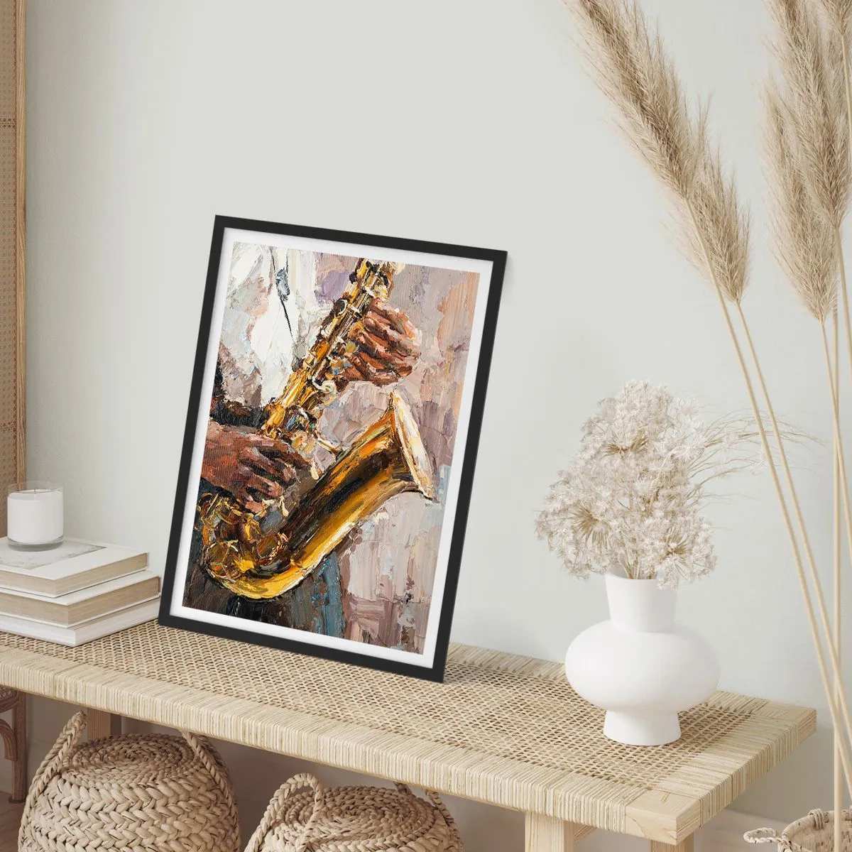 Affisch i svart ram - En saxofonist som spelar i en konstnärlig målningsstil - 50x70cm - Dags för solo - Modern väggdekoration för vardagsrum och sovrum ARTTOR
