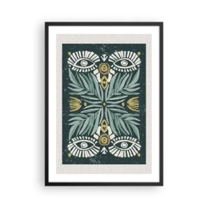 Affisch i svart ram - Symmetriskt mönster med löv och ögon på en mörk bakgrund - 50x70cm - Som ett folkligt mönster - Modern väggdekoration för vardagsrum och sovrum ARTTOR