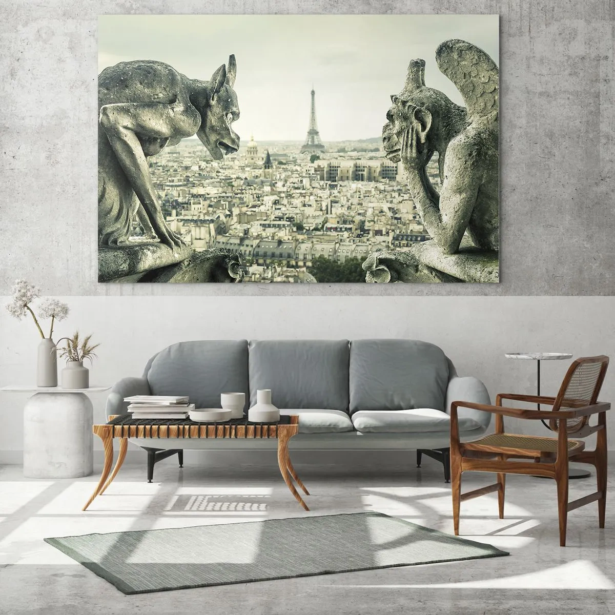 Glastavla - Bild på glas - Gargoyler över Paris med utsikt över Eiffeltornet - 70x50cm - Ett samtal i Paris - Modern väggdekoration för vardagsrum och sovrum ARTTOR