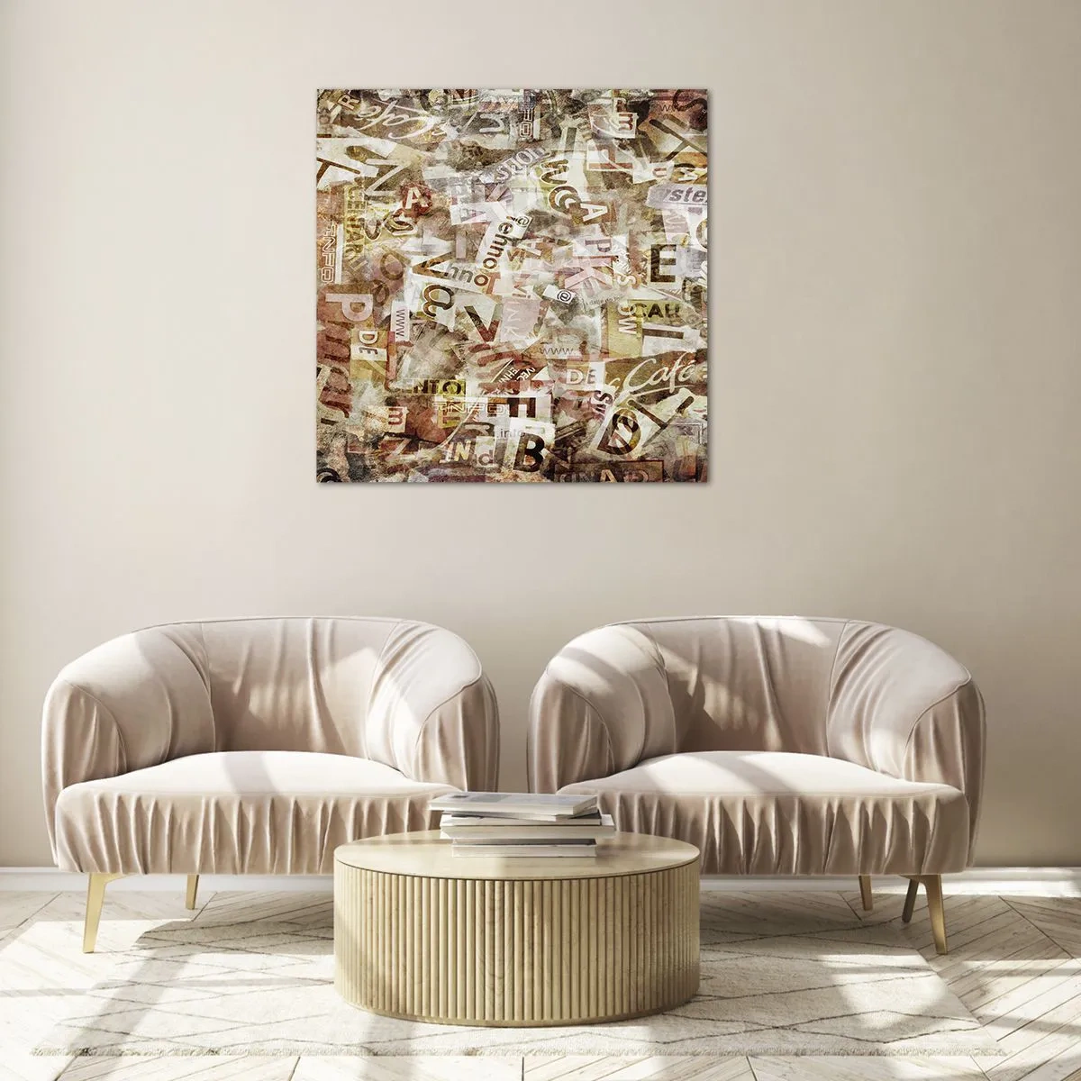 Glastavla - Bild på glas - Snacket reduceras till enstaka bokstäver - 70x70 cm