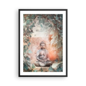 Affisch i svart ram - En Buddhastaty omgiven av murgröna i en meditativ aura - 50x70cm - Glädjefylld harmoni - Modern väggdekoration för vardagsrum och sovrum ARTTOR