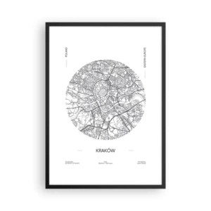 Affisch i svart ram - En minimalistisk karta över Krakow i en cirkel - 50x70cm - Krakóws anatomi - Modern väggdekoration för vardagsrum och sovrum ARTTOR