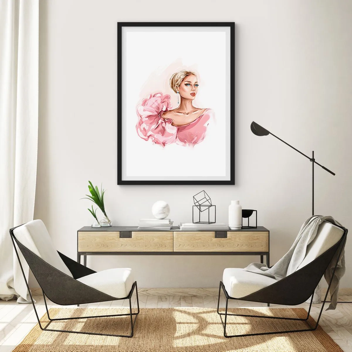 Affisch i svart ram - Elegant kvinna i en rosa klänning - 50x70cm - Som målad... - Modern väggdekoration för vardagsrum och sovrum ARTTOR