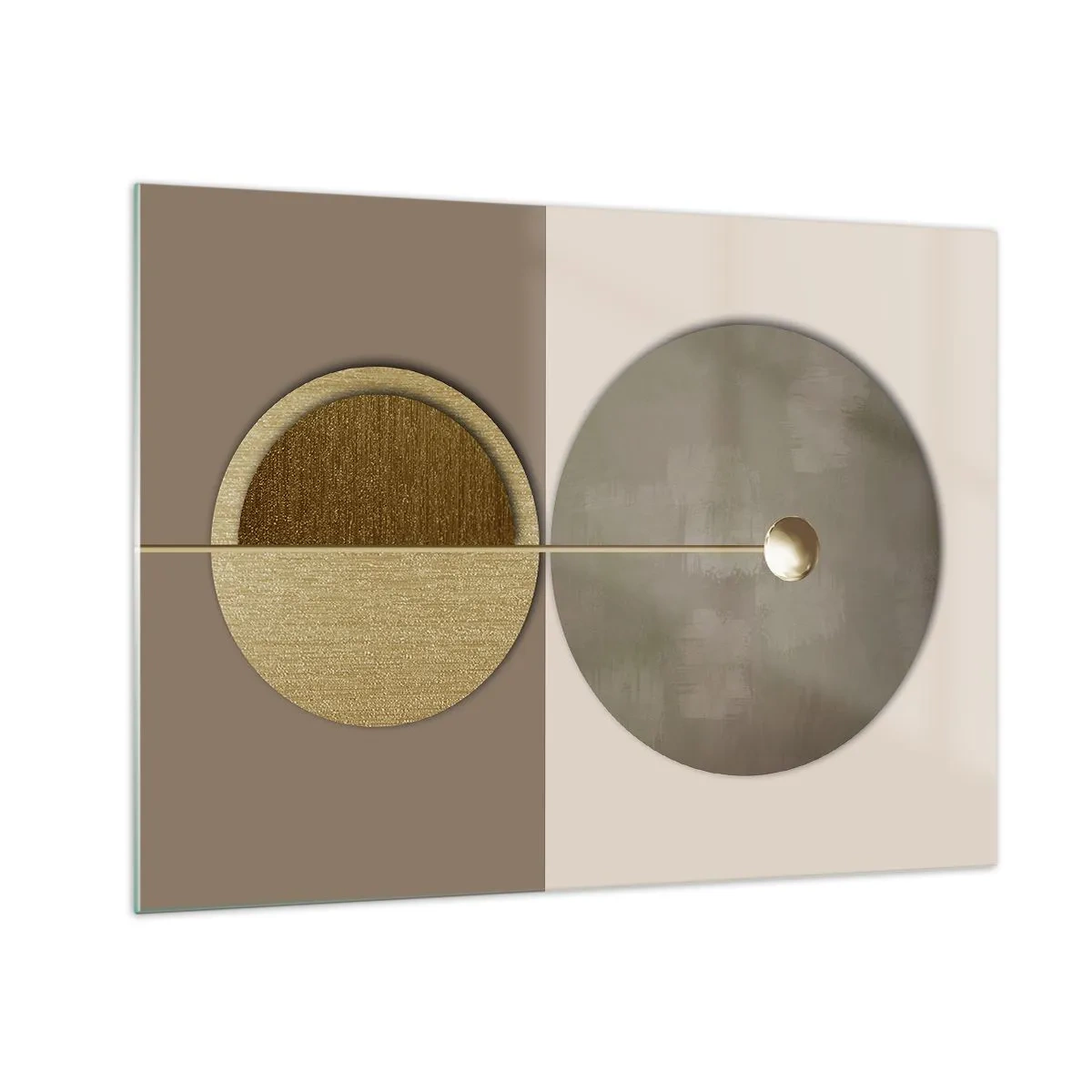 Glastavla - Bild på glas - Gyllene cirklar och linjer i en harmonisk komposition - 70x50cm - Perfekt balans - Modern väggdekoration för vardagsrum och sovrum ARTTOR