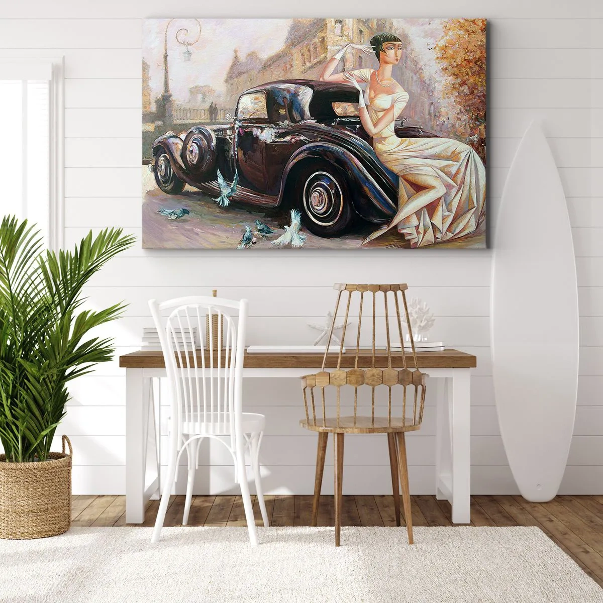 Canvastavla - Bild på duk - Retro kvinna bredvid klassisk bil - 70x50cm - Elegans i retrostil - Modern väggdekoration för vardagsrum och sovrum ARTTOR