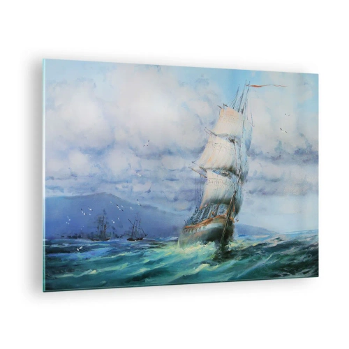 Glastavla - Bild på glas - Ett skepp med segel som seglar på ett stormigt hav under en molnig himmel - 70x50cm - Goda vindar - Modern väggdekoration för vardagsrum och sovrum ARTTOR