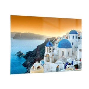 Glastavla - Bild på glas - Santorini - inbäddat i berg - 100x70 cm