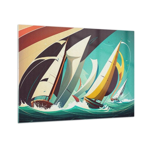 Glastavla - Bild på glas - Retrostilillustration av segelbåtar i ett stormigt hav - 70x50cm - Icke rädda för elementen - Modern väggdekoration för vardagsrum och sovrum ARTTOR